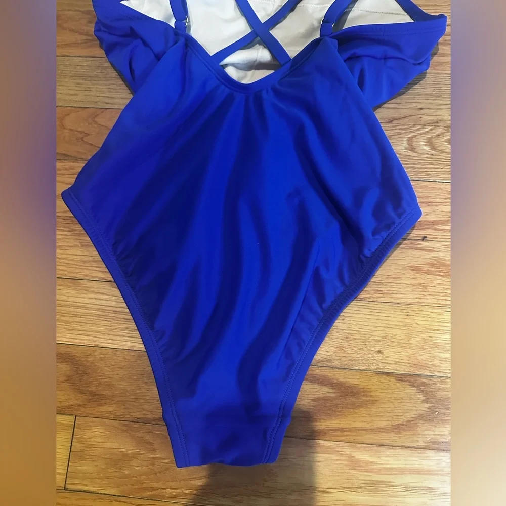 Kona Sol One‎ Piece Swimsuit Blue Small High Neck Strappy Back Missing Pads